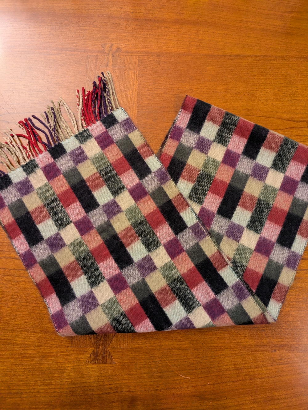 V. FRAAS Plaid Fringe Scarf in Red, Purple, Black, Cream